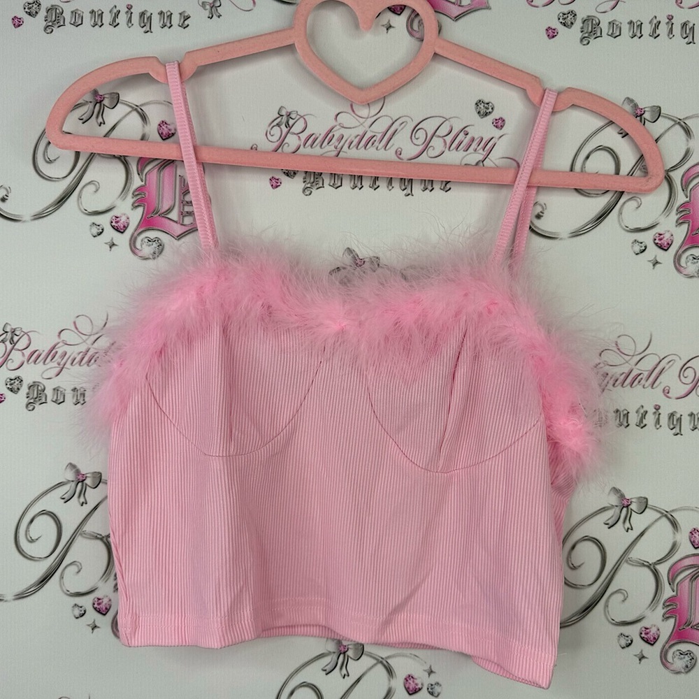 SHEIN feather tank top pink cotton candy bustier corset style crop shirt y2k